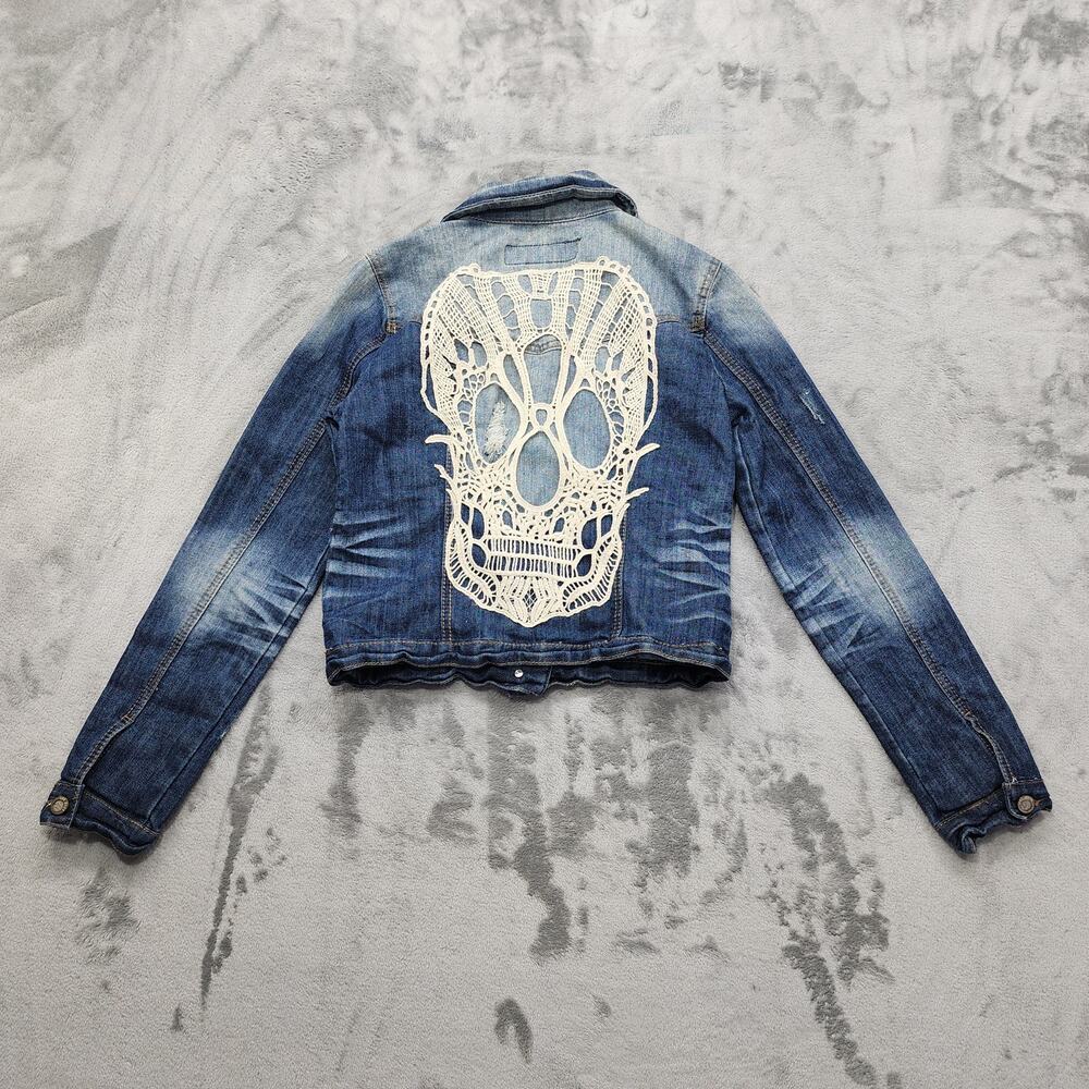 Vintage Y2K‎ 1st Kiss Jacket Womens M Blue Denim Crop Crochet Skull Back Detail